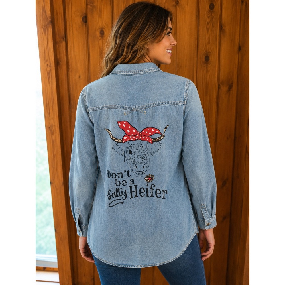 Highland Cow Denim ButtonUp Shirt Don't Be a Salty Heifer Western Country Top